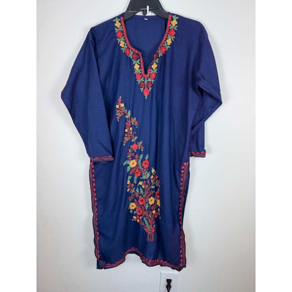 Vintage Navy Blue Floral Embroidered Tunic Dress Long Sleeve Split Neck Size 48